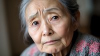 Elderly Asian woman with contemplative expression wearing traditional patterned clothing, close-up portrait showing natural aging and wisdom in soft window light.