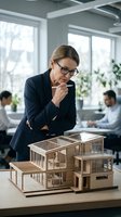 Middle-aged Caucasian female architect wearing glasses and dark blazer examines wooden architectural model in modern office with colleagues working in background and natural light from windows.