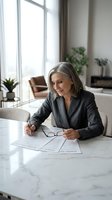 Mature businesswoman signing contract documents at modern office desk with natural lighting and contemporary interior design for professional meetings.