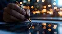 Close-up of hand holding gold pen writing on dark surface with blurred city lights bokeh reflections creating atmospheric evening mood.