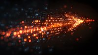 Abstract digital binary code stream with glowing orange and blue light particles flowing in cyberspace, representing data transmission and technology advancement.