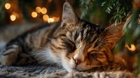 Adorable tabby kitten sleeping peacefully under Christmas tree with warm golden bokeh lights creating cozy holiday atmosphere for seasonal greeting cards.