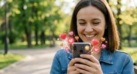 Young Caucasian woman smiling at smartphone with floating heart emojis in sunny park, social media engagement and online dating concept.