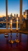 Romantic candlelit evening scene with city skyline view through window at sunset, creating warm ambiance for intimate dinner or relaxation moments.