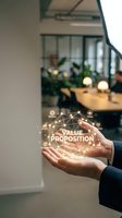 Businessman holding glowing holographic value proposition network with connected icons in modern office environment, representing business strategy and digital innovation for corporate presentations.