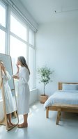 Woman in white linen shirt applying skincare product while looking in mirror in bright, minimalist bedroom with wooden bed and potted plant by window.
