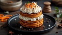 Layered pumpkin pancakes with cream cheese frosting and carrot garnish on dark plate. Autumn breakfast dessert stack for seasonal menu design.