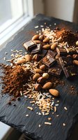 Dark chocolate pieces with mixed nuts, cocoa powder and coconut flakes scattered on slate board near window creating warm artisanal confectionery display.
