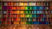 Colorful rainbow bookshelf wall with organized books arranged by color spectrum from red to purple in wooden library interior with hardwood floors.