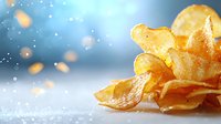Crispy golden potato chips with bokeh light effects on blue background, macro food photography for snack advertising and packaging design.