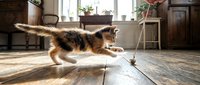 Tabby kitten playing with feather toy on wooden floor in bright sunlit room with furniture and plants, capturing playful pet behavior and indoor home environment.