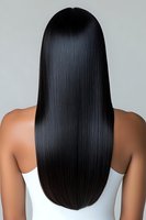 Young African American woman with long straight black glossy hair wearing white top shown from behind, demonstrating smooth, healthy hair texture and styling.