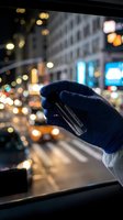 Hand in blue medical glove holding smartphone with blurred city street lights and traffic in background at night for healthcare technology concepts.
