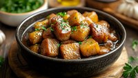 Roasted baby potatoes glazed with honey and herbs served in rustic black bowl on wooden board, garnished with fresh parsley. Close up view of homemade side dish.