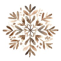 Elegant brown watercolor snowflake with delicate leaf-like patterns on white background, perfect for winter holiday designs.