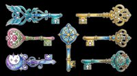 Colorful ornate fantasy keys set isolated on transparent background, ready for stickers, clipart, t-shirt design, print on demand, and sublimation projects.