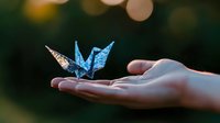 Glowing blue origami paper crane resting on open palm against blurred bokeh background at sunset, symbolizing hope, peace and mindfulness.