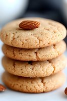 Stack of fresh homemade almond cookies with whole almond on top, macro shot showing texture and details on white surface with soft background.