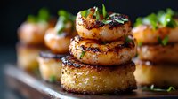 Grilled scallops stacked in layers with caramelized edges, garnished with fresh herbs on dark background, close-up view showing texture and gourmet presentation.