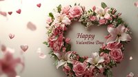 Romantic floral wreath with pink roses and white lilies arranged in heart shape, Valentine's Day greeting text on blurred background with floating heart bokeh effect.
