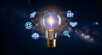 Glowing light bulb with digital technology icons floating around against starry space background representing innovation and creative business ideas.