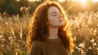 Young redhead woman with curly hair enjoying peaceful moment in golden sunlight among wildflowers during sunset in natural meadow setting.