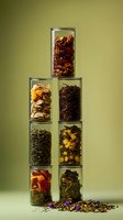 Glass jars stacked in pyramid formation containing various colorful dried tea leaves, flowers, and herbs against olive green background. Loose tea scattered at base.