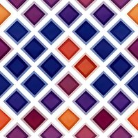 Geometric seamless pattern with diagonal arrangement of colorful squares in navy blue, purple, orange and burgundy shades on white background, tiles endlessly.