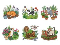 Cats relaxing among potted plants, flowers and herbs in garden settings, isolated on white background for design use.
