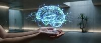 Glowing digital brain hologram floating above open hands in modern office space representing artificial intelligence and neural network technology.