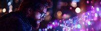 Young Caucasian man with beard and glasses illuminated by neon lights and bokeh effects looking at glowing digital interface display in dark urban environment.