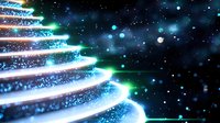 Abstract spiral staircase made of glowing light trails against dark space background with bokeh particles and bright blue sparkles creates magical atmosphere.