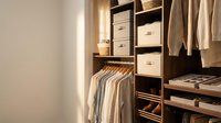 Modern walk-in closet with organized clothing storage, wooden shelving system, hanging garments, and storage boxes for home organization and interior design.