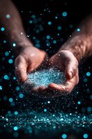 Cupped hands holding magical blue glitter and sparkles against dark background with floating bokeh lights creating ethereal atmospheric effect.