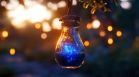 Glowing blue light bulb hanging outdoors with magical bokeh effect in background creates dreamy atmospheric scene at dusk, capturing whimsy and imagination.