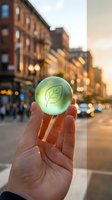Hand holding glowing green orb with leaf symbol against urban street backdrop at sunset, representing eco-friendly energy and sustainable business concepts.