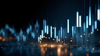 Glowing financial chart with candlestick patterns rising on dark background, digital grid surface with light reflections creates futuristic trading visualization.
