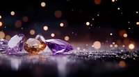 Sparkling gemstones with purple amethyst and golden citrine crystals on glittery surface with warm bokeh lights creating luxury jewelry background.