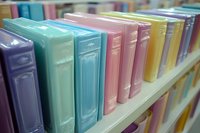 Row of colorful photo albums in pastel shades arranged on wooden shelf, selective focus on mint green and pink albums creating soft dreamy atmosphere.