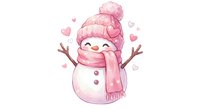 Cute watercolor snowman in pink hat and scarf with hearts, isolated on white background, ready for cards, prints, and seasonal designs.