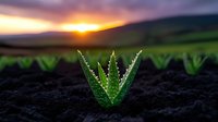 Vibrant green aloe vera plant growing in dark soil against dramatic sunset sky with orange sun and mountain silhouettes, natural healing concept.