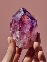 Raw amethyst crystal point held between fingers against pink background, showcasing natural purple hues and faceted structure for healing practices.