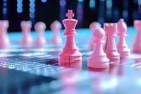 Pink chess pieces on reflective surface with blue bokeh background lighting creates dramatic atmosphere for strategy and leadership concepts in business settings.