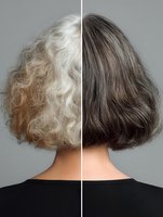 Hair transformation before and after comparison showing frizzy damaged hair versus smooth healthy styled bob haircut on mature woman.