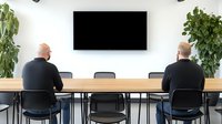 Two bald Caucasian businessmen in dark suits sitting at wooden conference table facing blank wall-mounted screen, modern minimalist meeting room with green plants.
