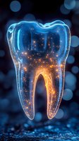 Glowing translucent molar tooth with magical golden light particles inside against dark blue bokeh background, dental care concept for medical presentations.