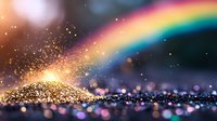 Magical glitter sparkles scattered on dark surface with rainbow arc and bokeh lights creating dreamy atmospheric background for fantasy designs.