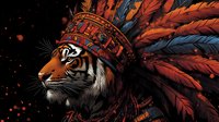 Majestic tiger wearing ornate Native American headdress with vibrant feathers against starry night sky. Fantasy wildlife art blending cultures and nature.