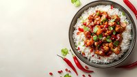 Spicy chicken in sweet and sour sauce with rice, garnished with fresh herbs, chili peppers and pomegranate seeds on ceramic plate, food photography.