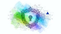 Digital cybersecurity shield with keyhole icon surrounded by geometric network patterns and colorful watercolor splash background for tech designs.